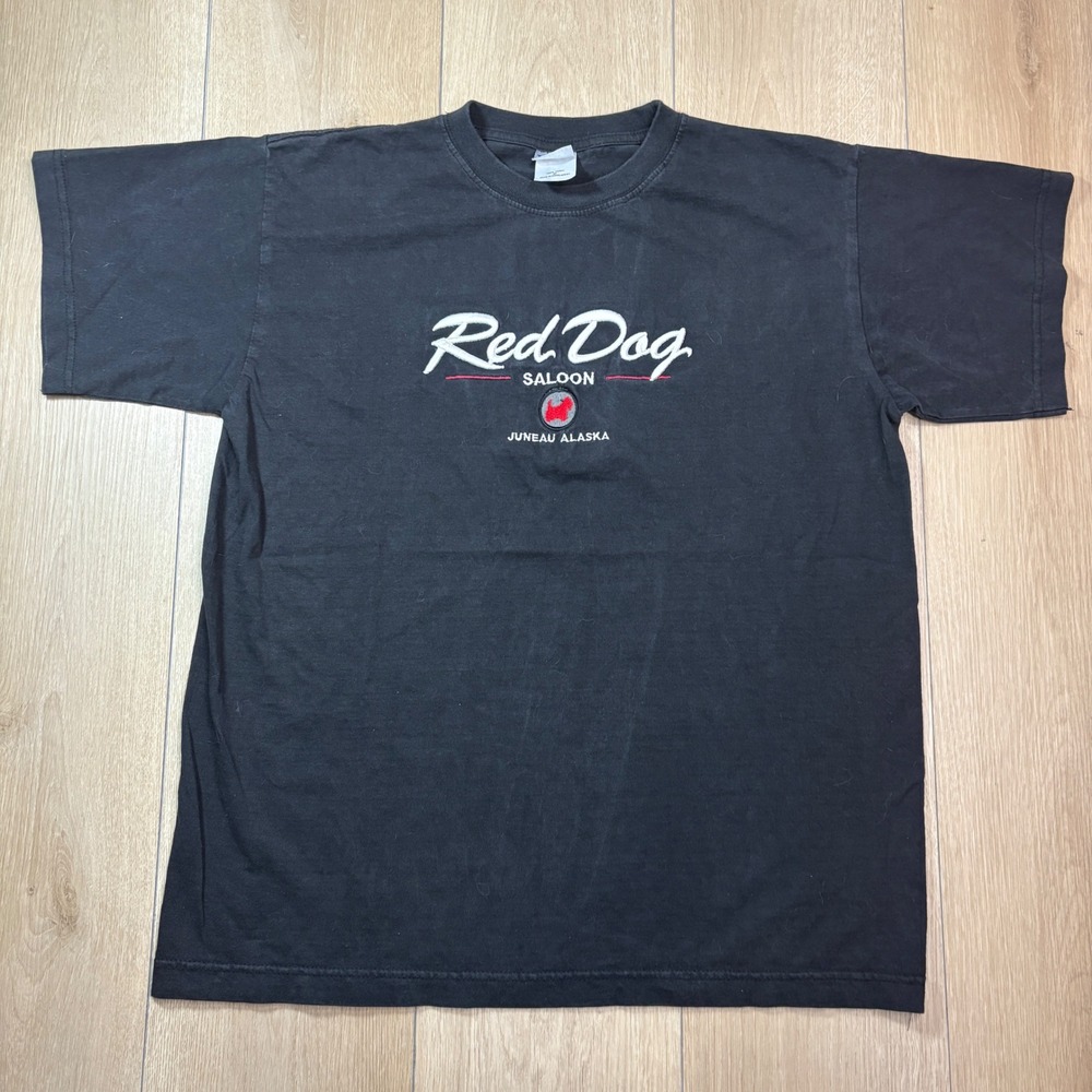 Red Dog Saloon Juneau Alaska Embroidered T-Shirt Mens Medium Black Cotton Bar